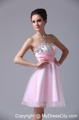 Short Pink Tulle Beaded Sweetheart Bowknot Party Dress