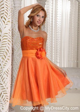 Short Orange Zipper-up Back Organza Party Dress with Paillette