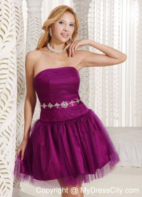 Short Purple A-line Party Dress with Ruffles and Beaded Belt