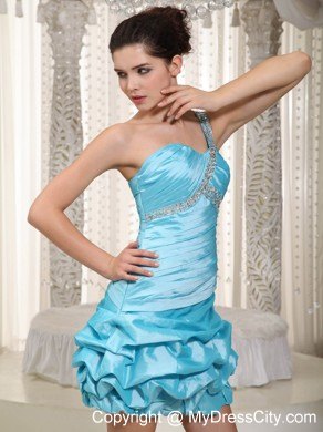 Aqua One Shoulder Short Taffeta Party Dress with Beading