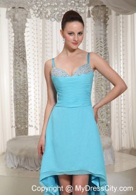 Spaghetti Straps Beaded Decorate High-low Aqua Party Dress