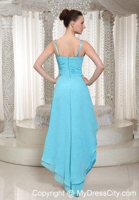 Spaghetti Straps Beaded Decorate High-low Aqua Party Dress