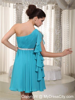 Teal Single Shoulder Party Dress with Beaded Decorate Waist