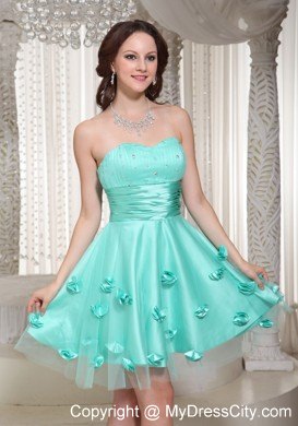 Turquoise Short Prom Dress For Party With Flowers Decorate