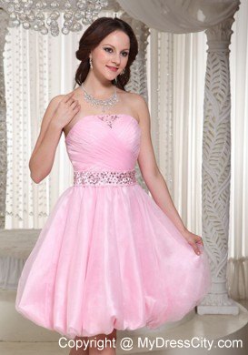 Beaded Decorate Waist Mini-length Baby Pink Party Dress