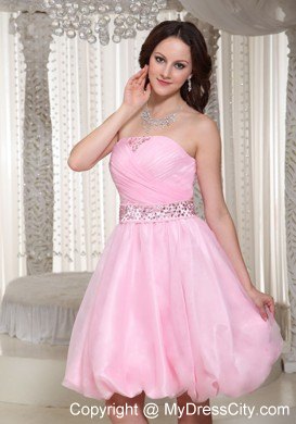 Beaded Decorate Waist Mini-length Baby Pink Party Dress