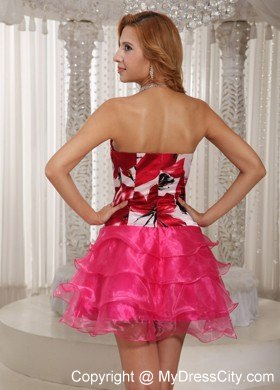 Hot Pink Tiered Short Party Dress With Printing Decorate