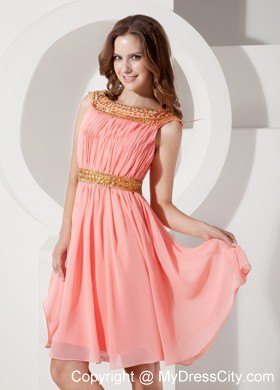 Watermelon Bateau Knee-length Party Dress with Beading