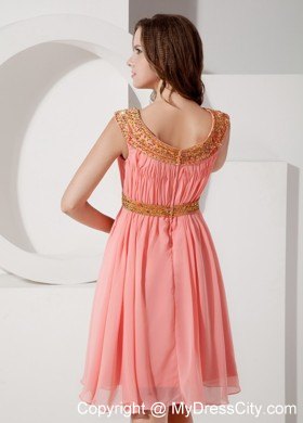 Watermelon Bateau Knee-length Party Dress with Beading