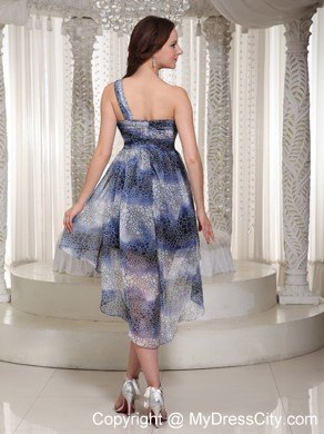 High-low Multi-color Printing Party Dress With One Shoulder