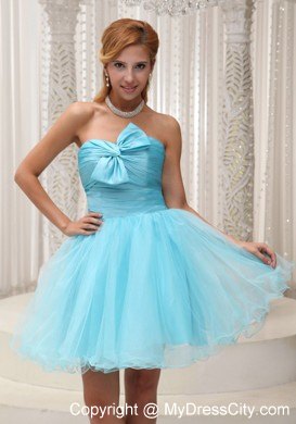 Aqua Blue Ruched Bodice Organza Party Dress For Spring