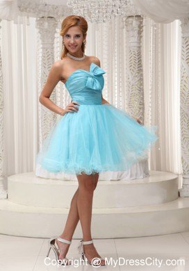 Aqua Blue Ruched Bodice Organza Party Dress For Spring