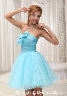 Aqua Blue Ruched Bodice Organza Party Dress For Spring