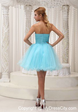 Aqua Blue Ruched Bodice Organza Party Dress For Spring