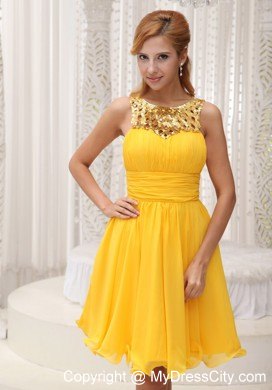 Ruched Bodice Sequin and Chiffon Yellow Short Party Dress