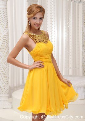 Ruched Bodice Sequin and Chiffon Yellow Short Party Dress