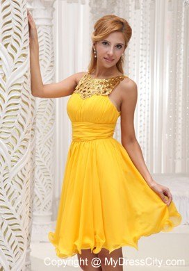 Ruched Bodice Sequin and Chiffon Yellow Short Party Dress