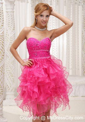 Cascading Ruffles Hot Pink Prom Party Dress with Beading