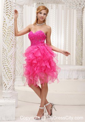 Cascading Ruffles Hot Pink Prom Party Dress with Beading