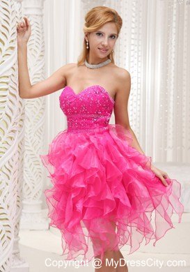 Cascading Ruffles Hot Pink Prom Party Dress with Beading