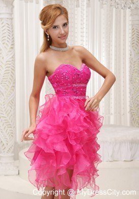 Cascading Ruffles Hot Pink Prom Party Dress with Beading