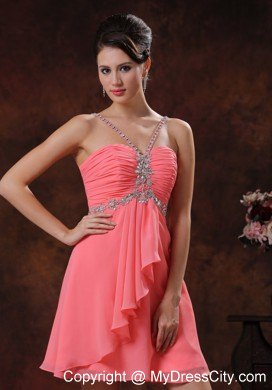 Beaded Decorate V-neck Watermelon Short Party Dress