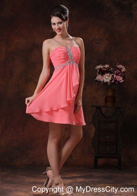 Beaded Decorate V-neck Watermelon Short Party Dress