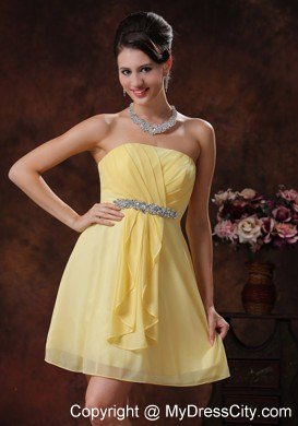 Yellow Short Party Dress With Beaded and Ruched Decorate