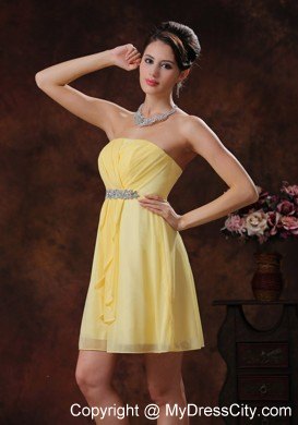 Yellow Short Party Dress With Beaded and Ruched Decorate