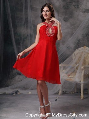 Red Empire Chiffon Beading Cut Outs Prom Dress for Party