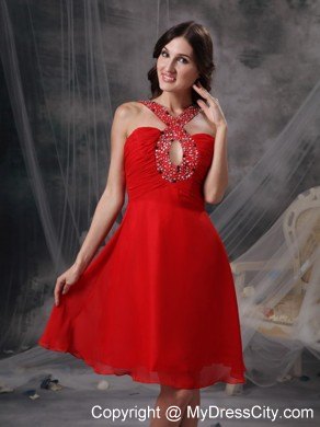 Red Empire Chiffon Beading Cut Outs Prom Dress for Party