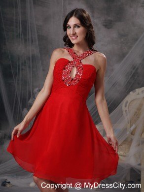 Red Empire Chiffon Beading Cut Outs Prom Dress for Party