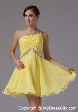 One Shoulder Ruches and Beading For Yellow Party Dress