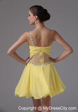 One Shoulder Ruches and Beading For Yellow Party Dress