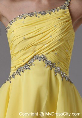 One Shoulder Ruches and Beading For Yellow Party Dress