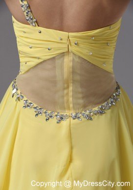 One Shoulder Ruches and Beading For Yellow Party Dress