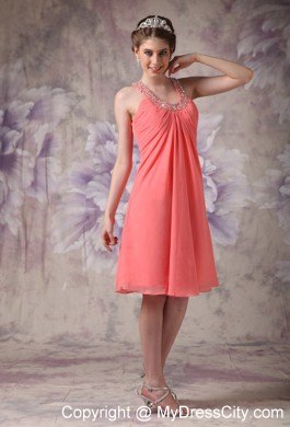 Watermelon Red Chiffon Party Dress with Scoop Beading