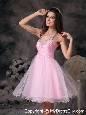 Customize Pink Halter Short Party Gowns with Beading