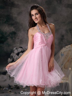 Customize Pink Halter Short Party Gowns with Beading