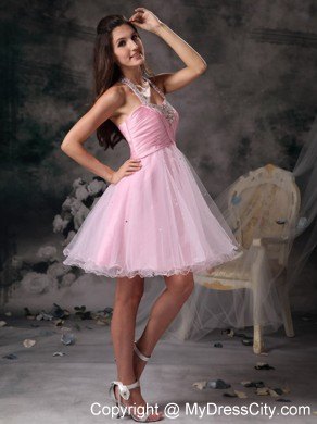 Customize Pink Halter Short Party Gowns with Beading