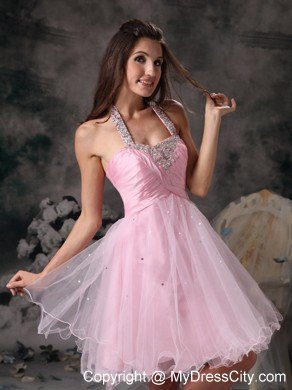 Customize Pink Halter Short Party Gowns with Beading