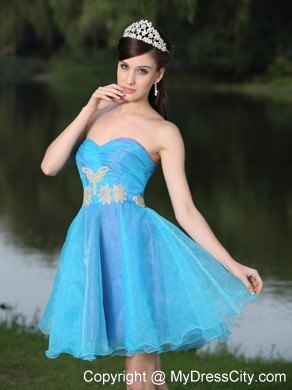 Hand Made Beaded Organza Aqua Blue Prom Dress for Party