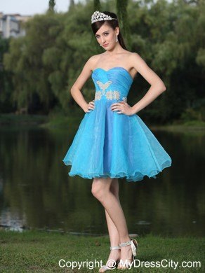 Hand Made Beaded Organza Aqua Blue Prom Dress for Party