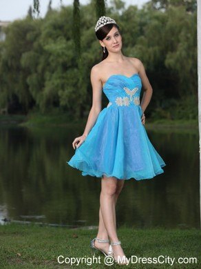 Hand Made Beaded Organza Aqua Blue Prom Dress for Party