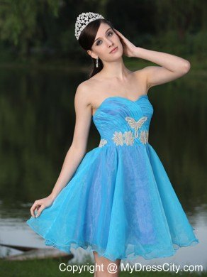 Hand Made Beaded Organza Aqua Blue Prom Dress for Party