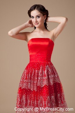 Taffeta and Lace Red A-line Beading Strapless Prom Party Dress