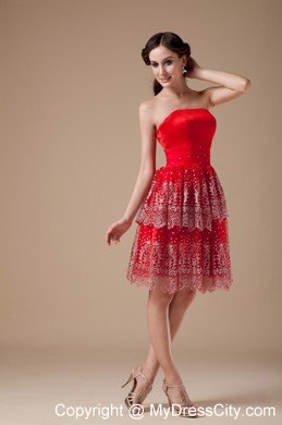 Taffeta and Lace Red A-line Beading Strapless Prom Party Dress