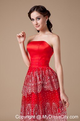 Taffeta and Lace Red A-line Beading Strapless Prom Party Dress