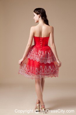 Taffeta and Lace Red A-line Beading Strapless Prom Party Dress