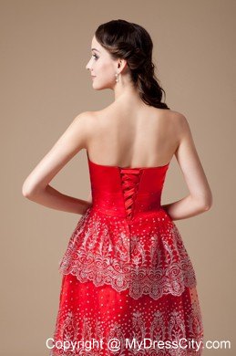 Taffeta and Lace Red A-line Beading Strapless Prom Party Dress